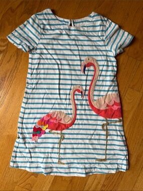 Mini Boden White and Teal Striped Dress with Pink Flamingo Appliqués